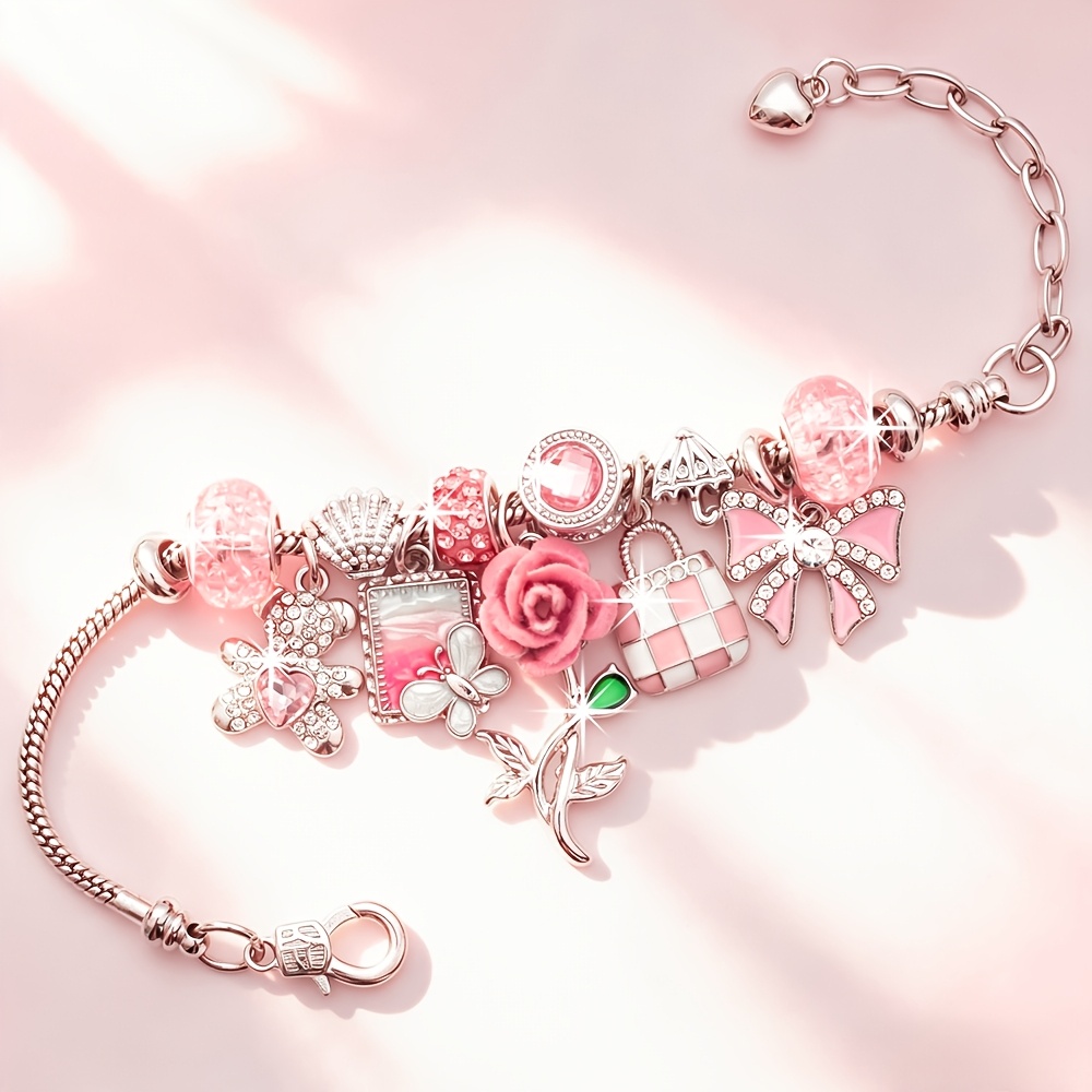 TEMU Exquisite, Adjustable Women's Bracelet. Featuring 3d Rose Bouquet, Photo Frame , And , Bow-shaped Pendant Fashionable Romantic Jewelry Bracelet,