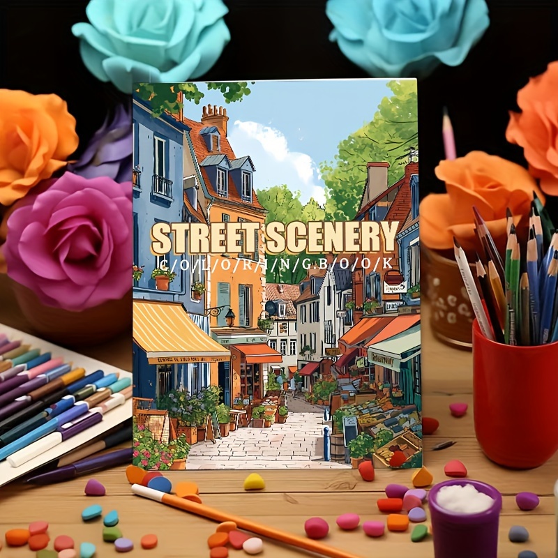 Image of (innovative, Upgraded, Paper Thickened 22 Pages) 1pc Adult Relaxation Coloring Book About Street Scenery As A Holiday Birthday Party Gift