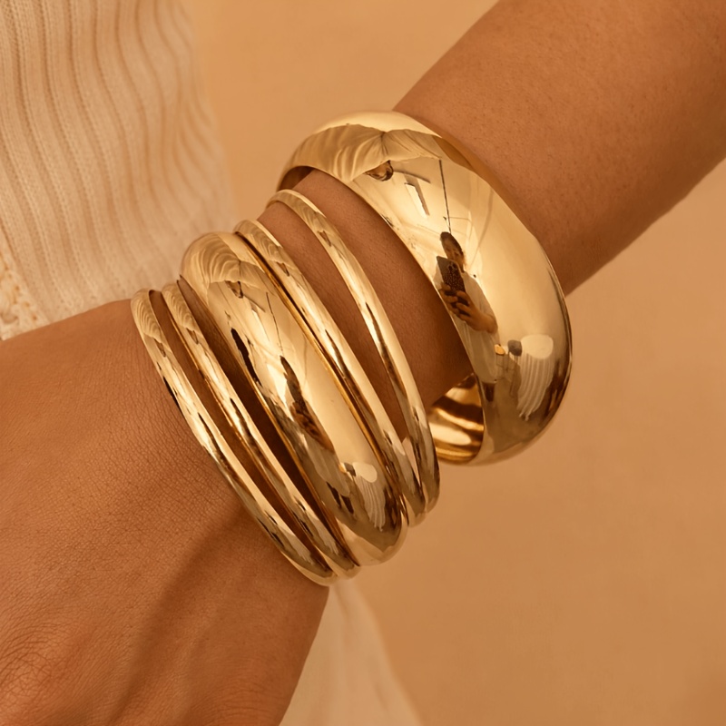 TEMU 6pcs Set Vintage Elegant Wide Metal Bangle Bracelet Set, Suitable For Daily Wear