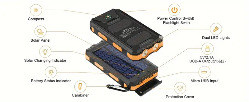 solar power bank 38800mah outdoor usb c portable charger with flashlight compass high phone charger for camping hiking travel Product details 1