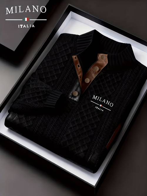 obm mens fall winter stand up collar jacquard knit sweater mature fashion mock turtleneck pullover premium texture contrast collar jacquard design sweatshirt suitable for fall winter outdoor casual sports wear