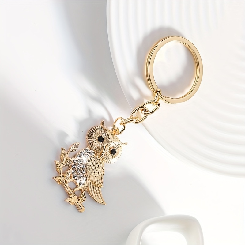 Image of 1pc Fashionable Cute Owl Shape Keychain Pendant, Transparent Rhinestone Dot Drill, Suitable For Women's Key Ring Bag Decoration