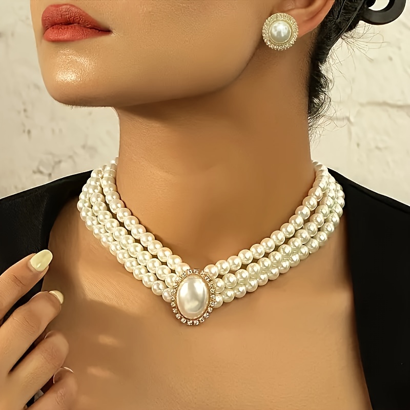 

Court Style Jewelry Set, Faux Pearl Necklace And Earrings, Faux Pearls Choker With Matching Stud Earrings, Fashion Accessory For Women