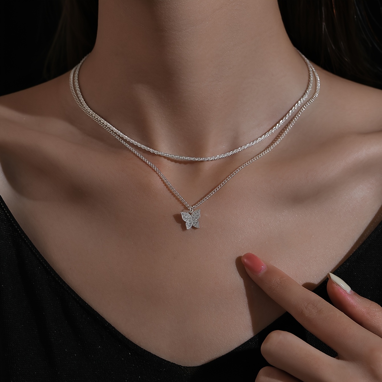 Double Layer Stackable Butterfly Pendant Necklace