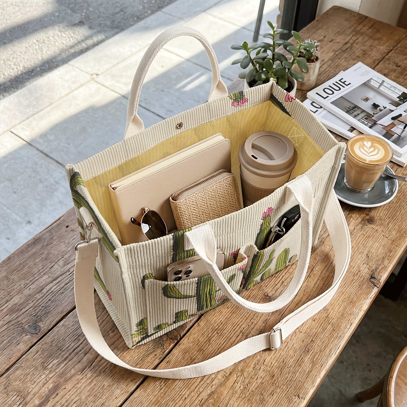 1 pieza, Bolso bandolera para mujer, Estampado floral de cactus 2D, Pana con múltiples bolsillos, Bolso de doble uso de mano/bandolera | Esencial para desplazamientos diarios/salidas de compras/estudiantes/trabajadores/entusiastas del estilo | Tu estilo personal único