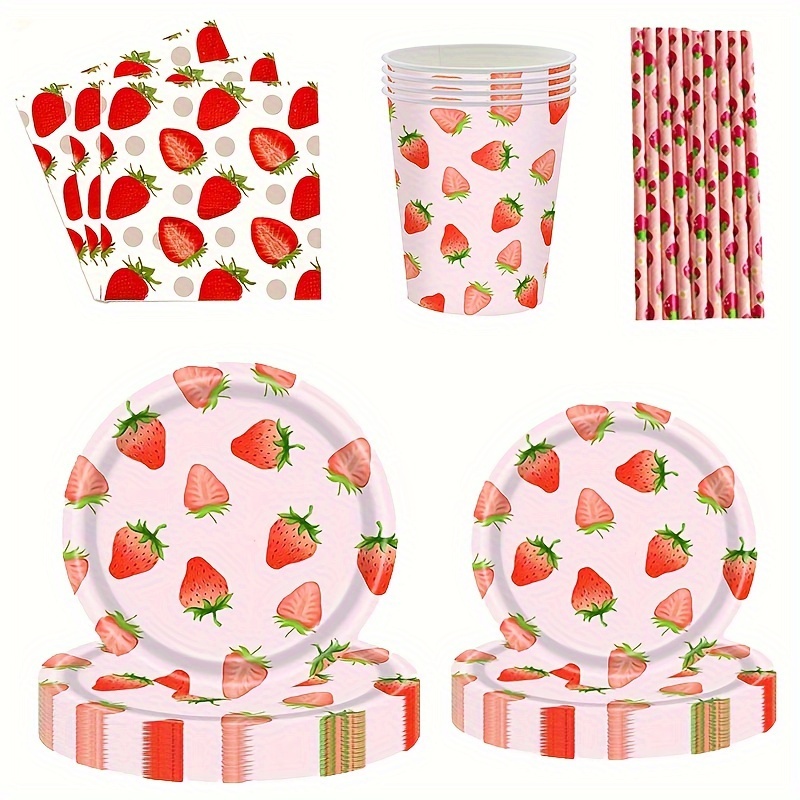 

Set, Strawberry Party Supplies, Complete Package Strawberry Party Tableware Set, Including Strawberry Party Plates, Cups, Napkins, Straws For Strawberry, Birthday