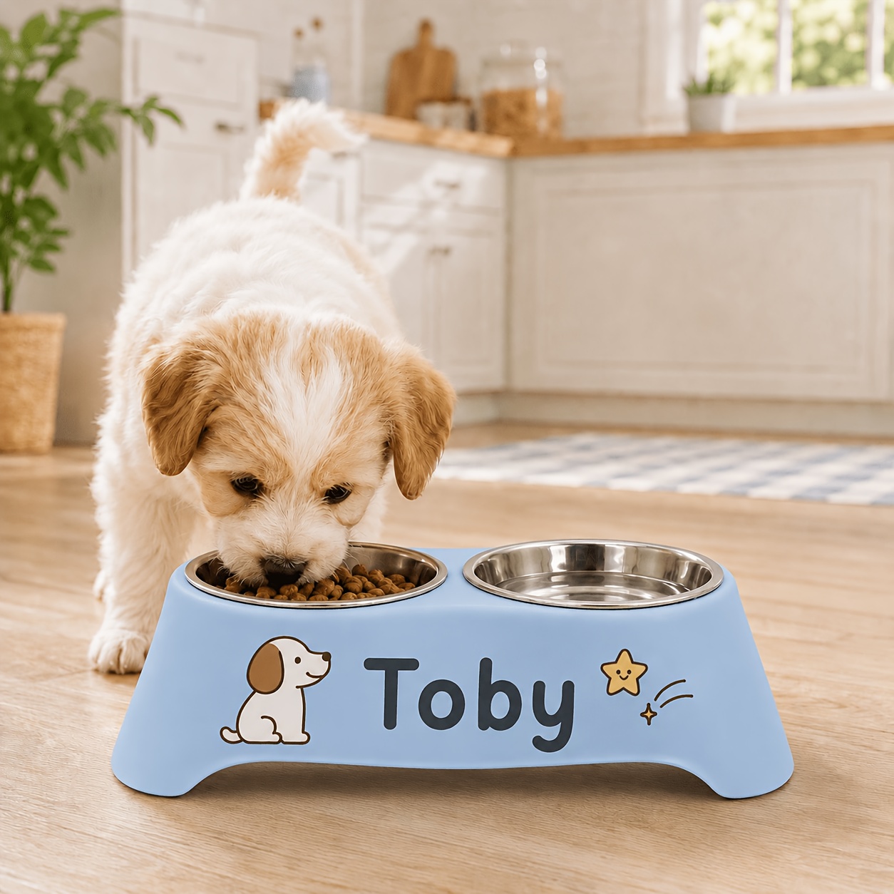 TEMU 1pc Personalized Dual Bowl Food And Water Bowl - Custom Name/text Suitable For Cats & Small Dogs, Anti-tip Base &, Pp/stainless Pet Feeder With