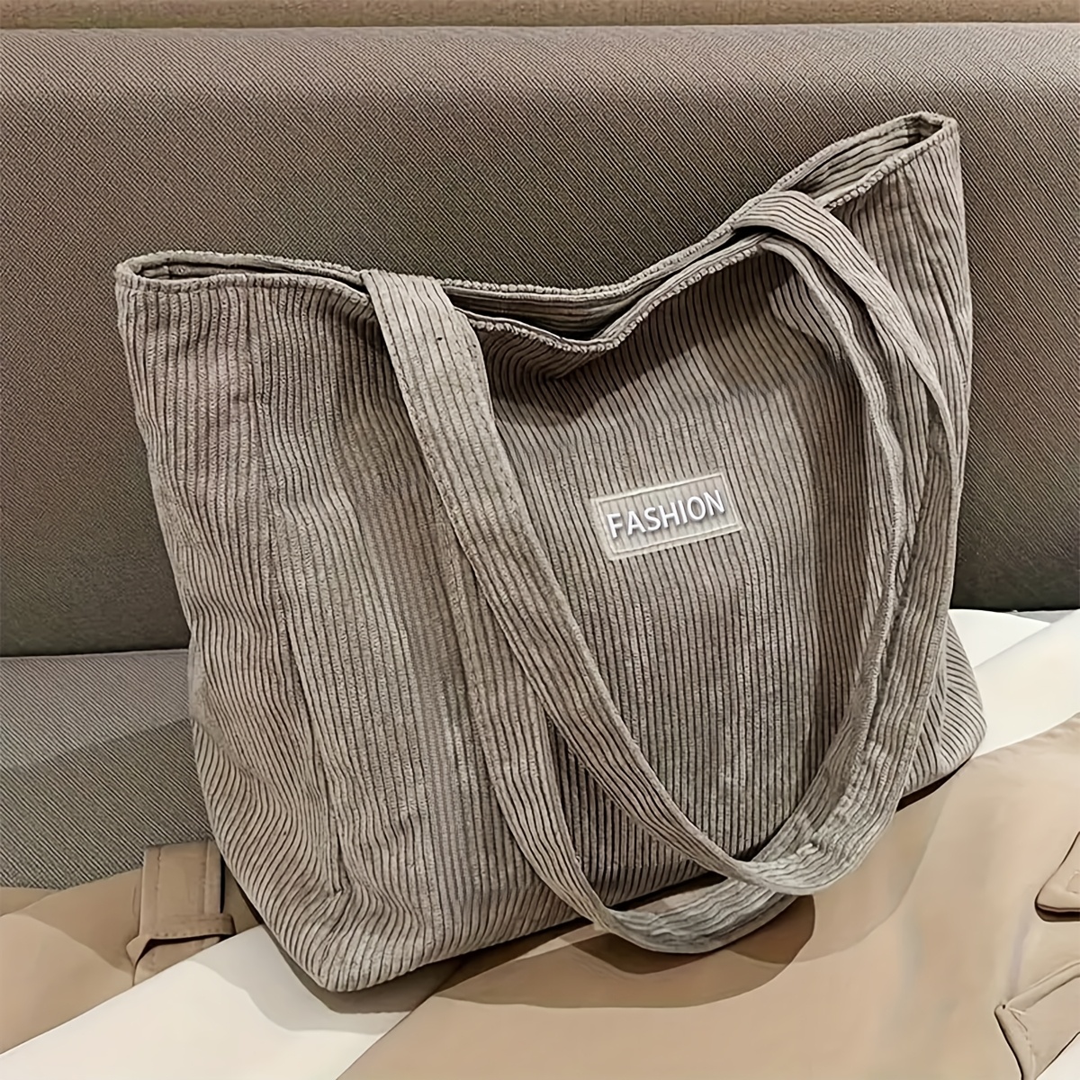 

Chic Corduroy Tote Bag For Women - Large Capacity, Casual Shoulder Bag With Zip Closure, Polyester , Work & School - Solid Color, Fashionable Carryall In Light Gray/gray//black