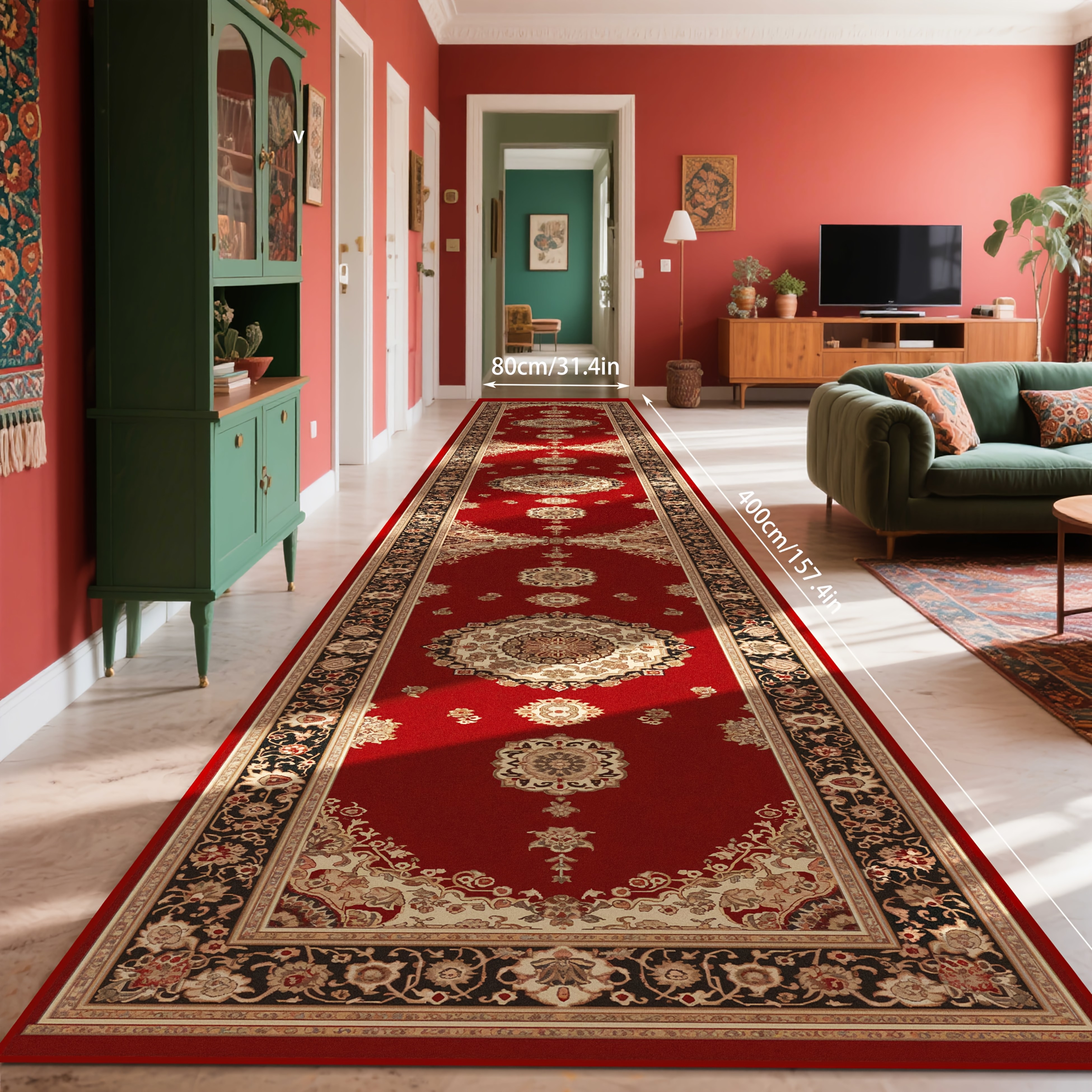 TEMU [] 1pc, Red Exquisite Fashion Modern Long Strip Carpet, Light Luxury Beautiful And Exquisite Precision Edging Rectangular Velvet Carpet,
