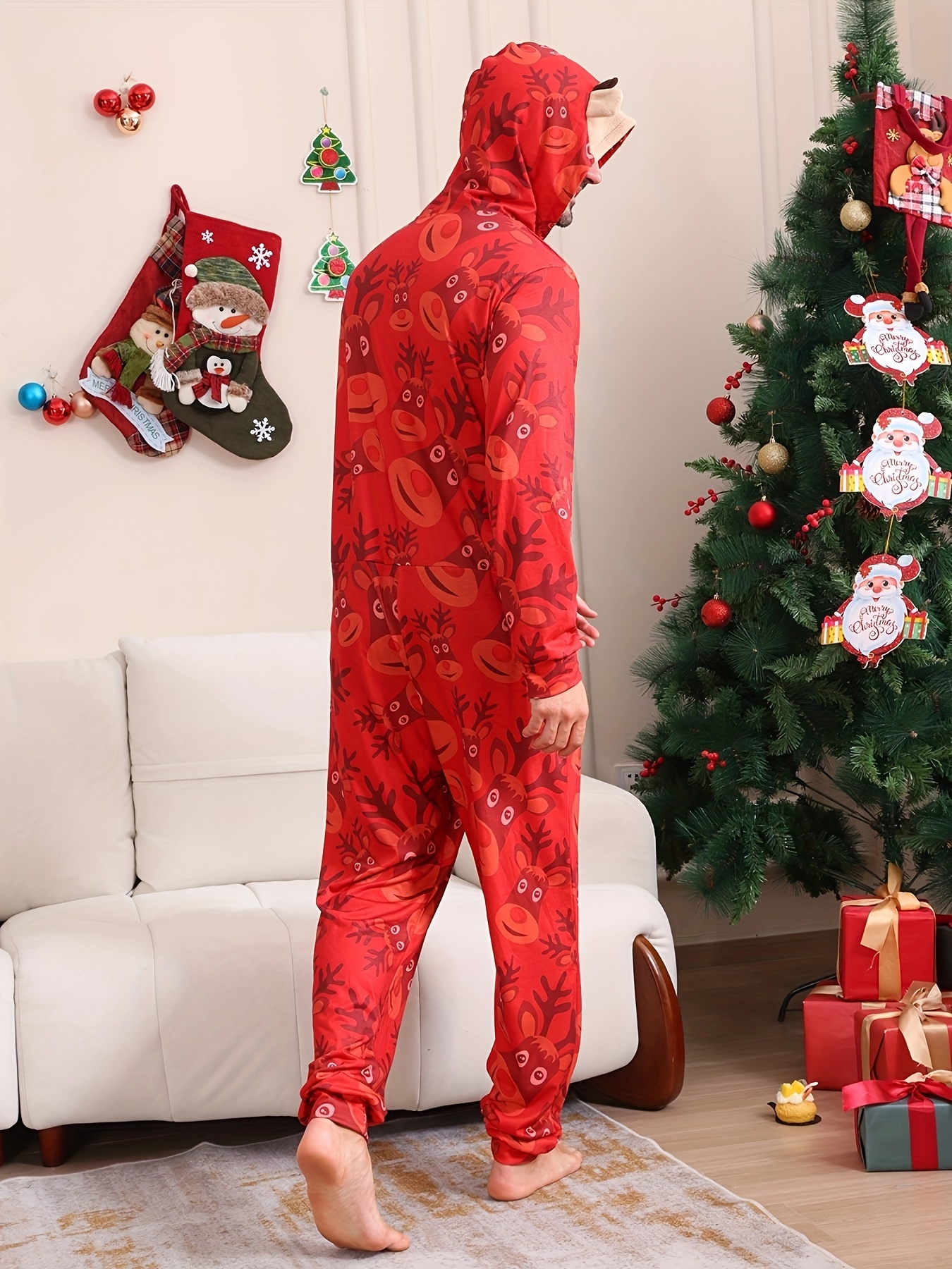 *'S Christmas Themed Hooded Onesie Pajamas, Polyester Knit Fabric with  Elastane, Long Sleeve, Medium Stretch, Festive Pattern, Regular Fit, with  180