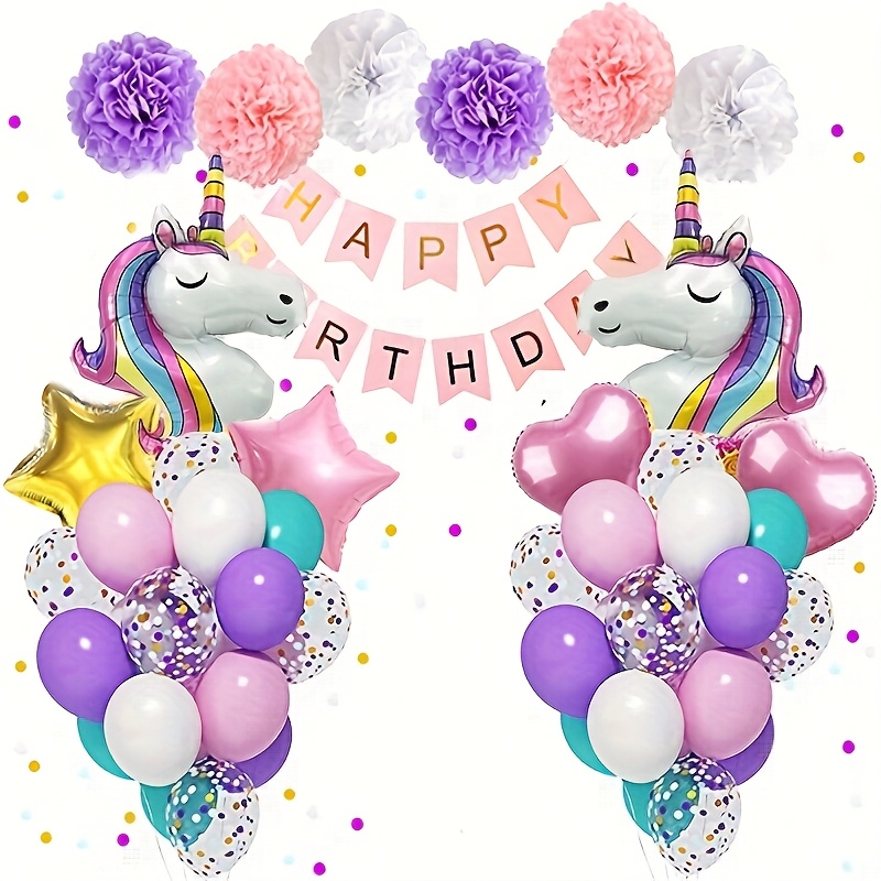 

47pcs Unicorn Birthday Party Kit - Colorful & Foil Balloons, Sequins, Paper Flowers & Banner - Girls' Celebrations