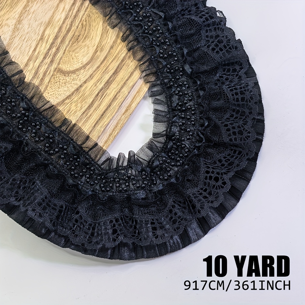 TEMU Ruban de dentelle élastique à volants de 5/10 avec fausses perles - Bordure de ruban de dentelle plissée extensible pour robes, manches,