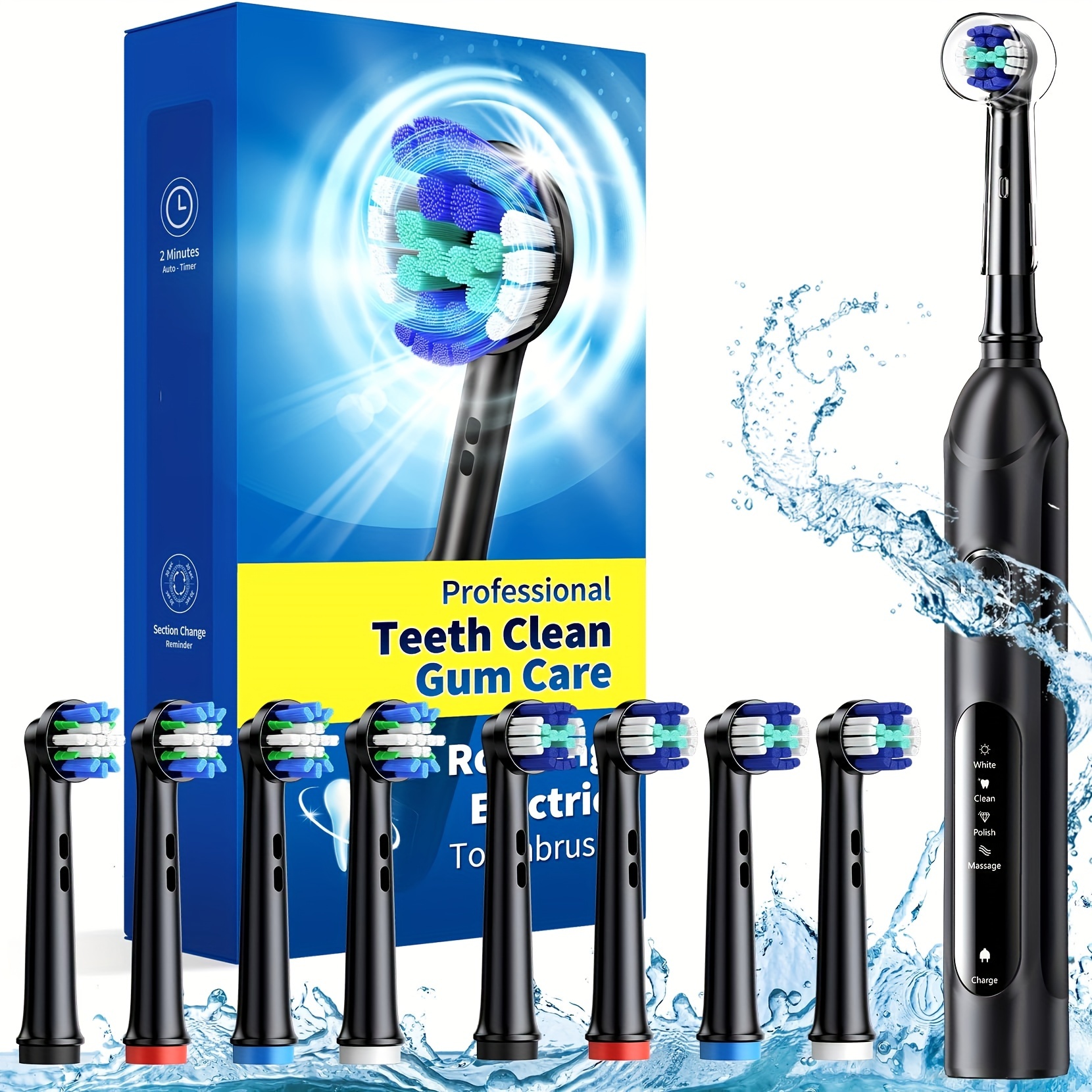 

Adult Rotating Electric Toothbrush, With 8 Brush Heads Of 2 Types, 4 Of Deep Cleaning Electric Toothbrush, With Rechargeable Power Supply And 2-minute , Fast Charging Black Gehp199ab-pt