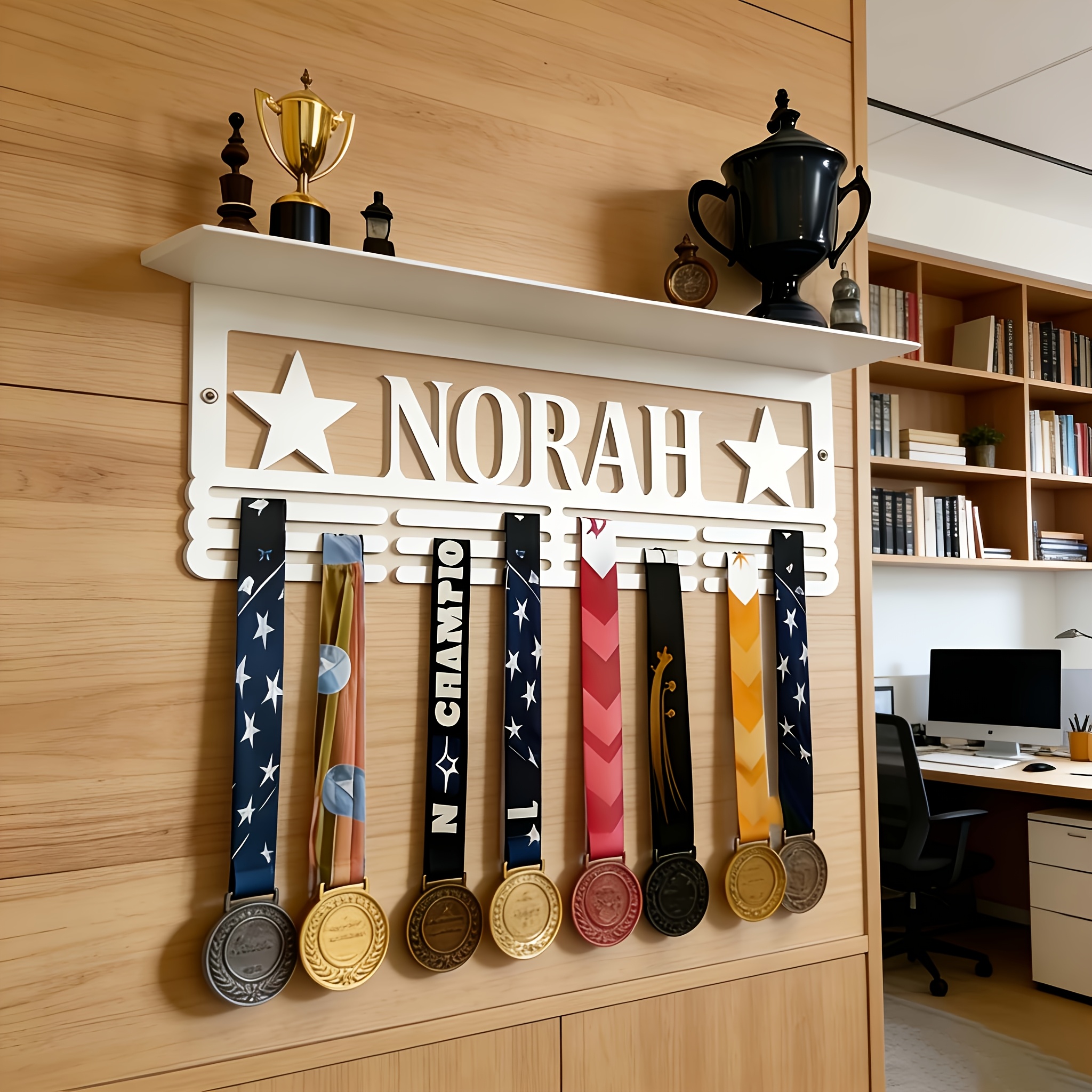 TEMU Custom White Metal Medal And Trophy Display Stand, Personalized Star-shaped Design With Nameplate, Holds Various Ribbon Medals. Suitable For