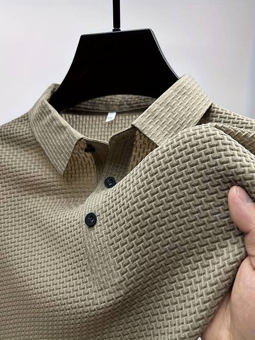 silky fiber fabric mens thin short sleeve shirt with lapel fashionable casual solid color t shirt versatile and comfortable top