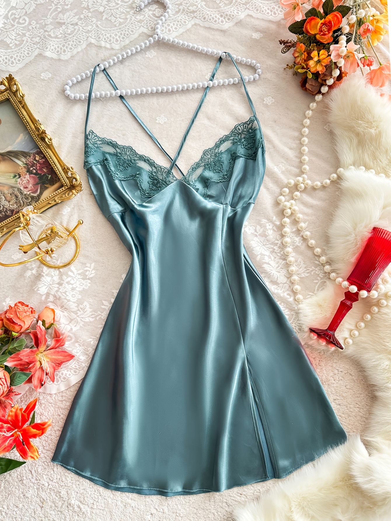 teal color maxi dress Avec Les Filles Women's V-Neck Laced-Up Bias Cut Gown Dress - Aqua