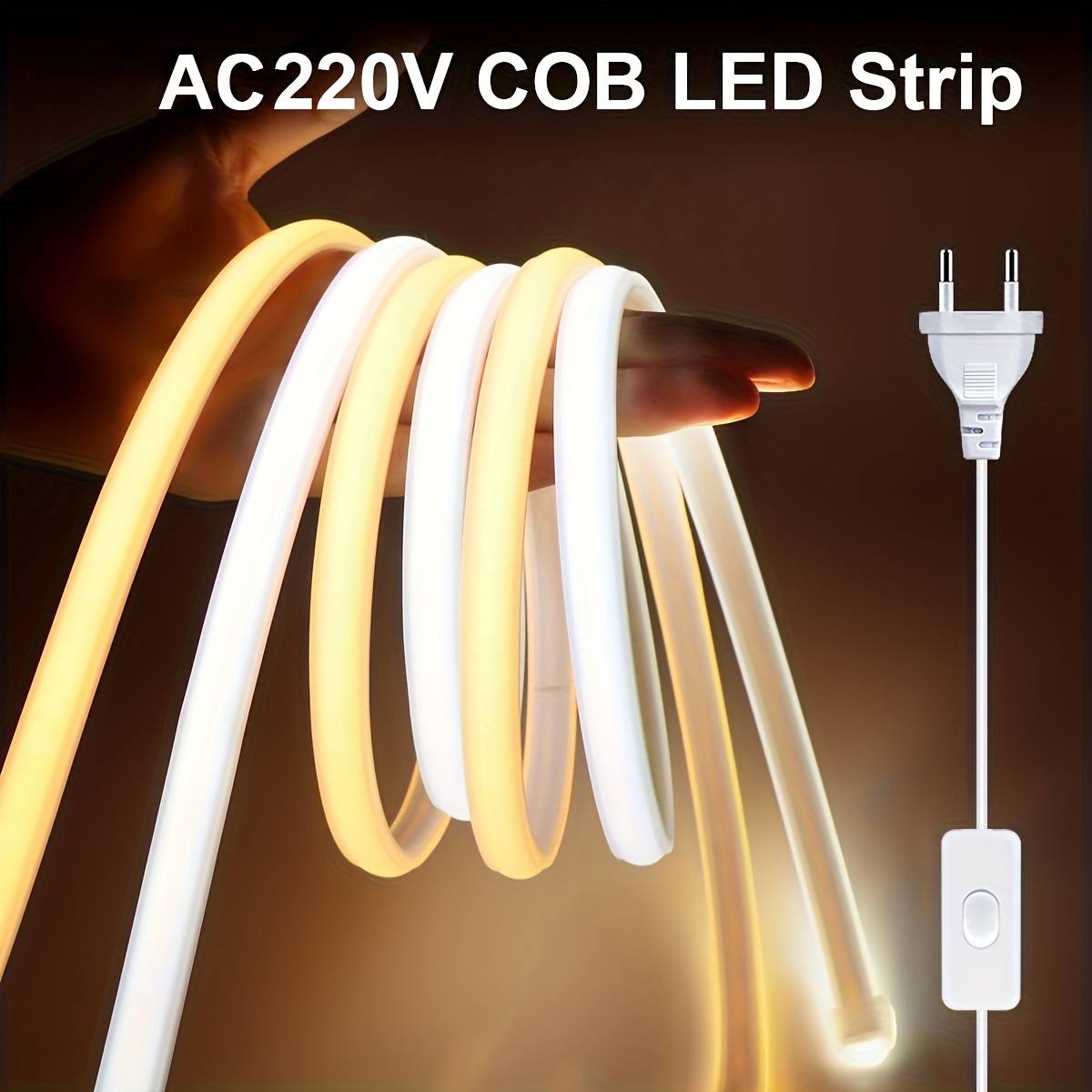 

Ruban LED flexible COB 220V, 288 LED/m étanche, 12W/m, lumières de bande LED, 1m découpable pour jardin extérieur, cuisine, chambre, accessoires gratuits et prise EU avec interrupteur de 1,2m