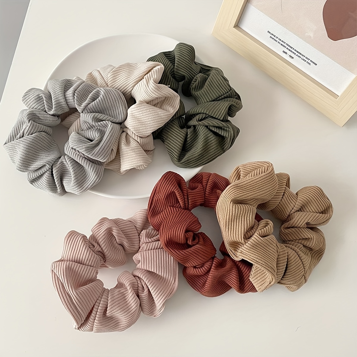 

Elegant Morandi Color Knit Hair Scrunchies Set - 6pcs, Simple Style Solid Color Fabric Hair Ties For Women And Girls, Suitable For Ages 14+