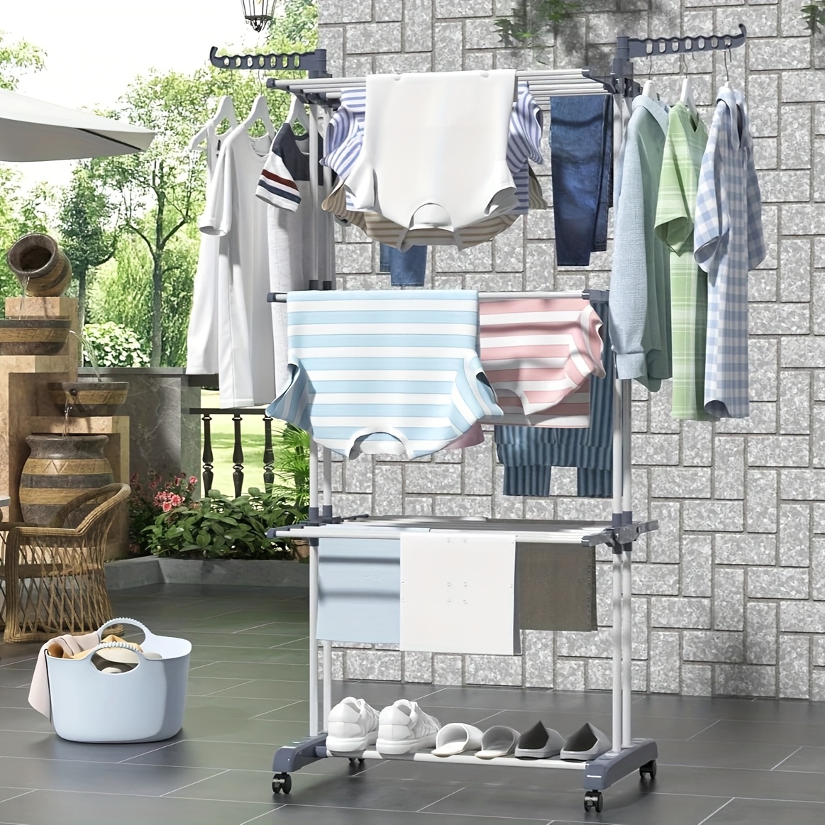 TEMU Étendoir à linge métallique à 4 niveaux, grand espace de rangement pliable, 4 roues avec 2 freins, facile à déplacer, cadre robuste en acier