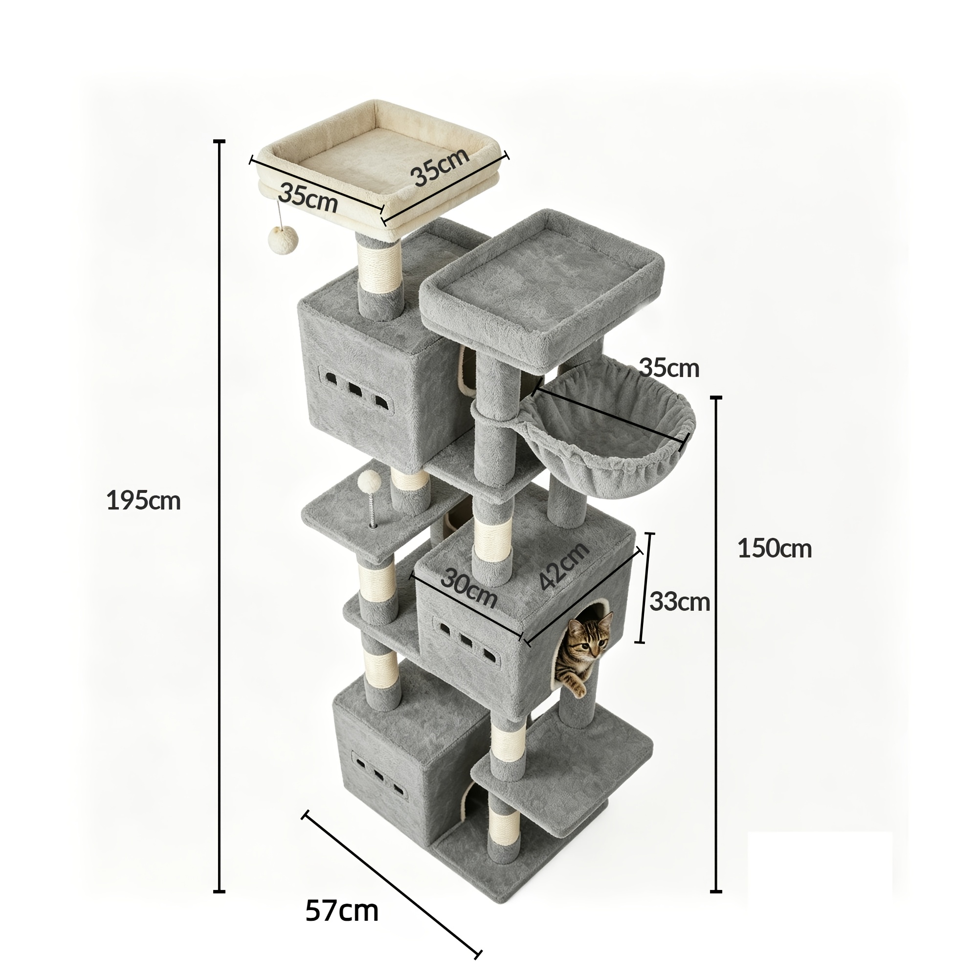 Image of 195cm Large Indoor Cat Tree, 7-tier Climbing Frame, 7 Sisal Posts, 3 Cat Houses, Dual Platforms, Cat Basket, Sturdy, Scratch-resistant And Easy To Clean, Suitable For Multi-cat Households