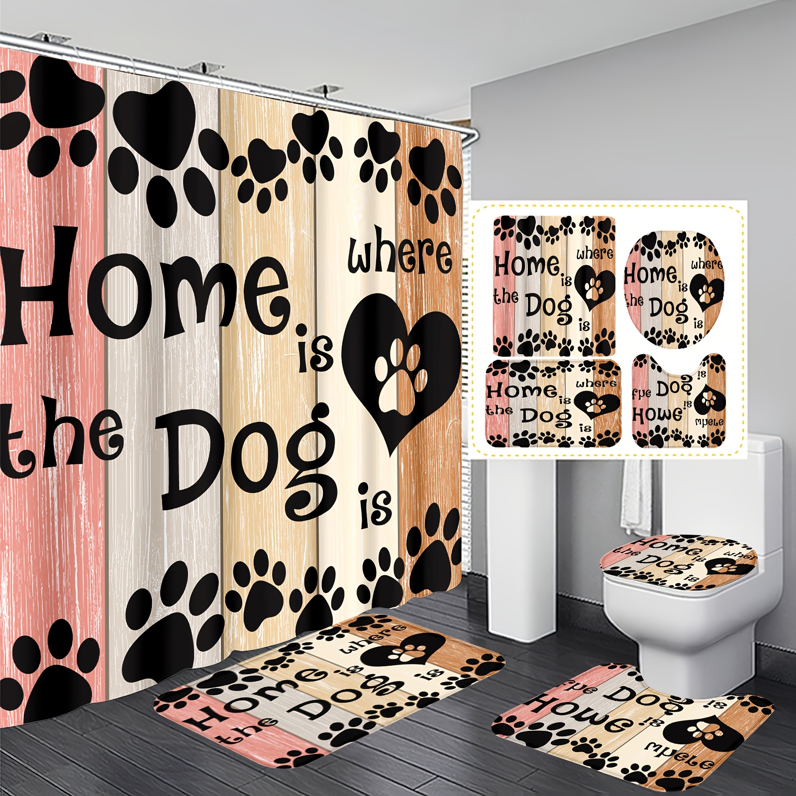 

1pc/4pcs Dog Paw Print Polyester Waterproof Insulated Home Decor Shower Curtain With 12 Hooks, Non-slip Bathroom Mat, U-shaped Floor Mat, And Round Toilet Seat Cover, Bathroom Set For All Scene Usage.