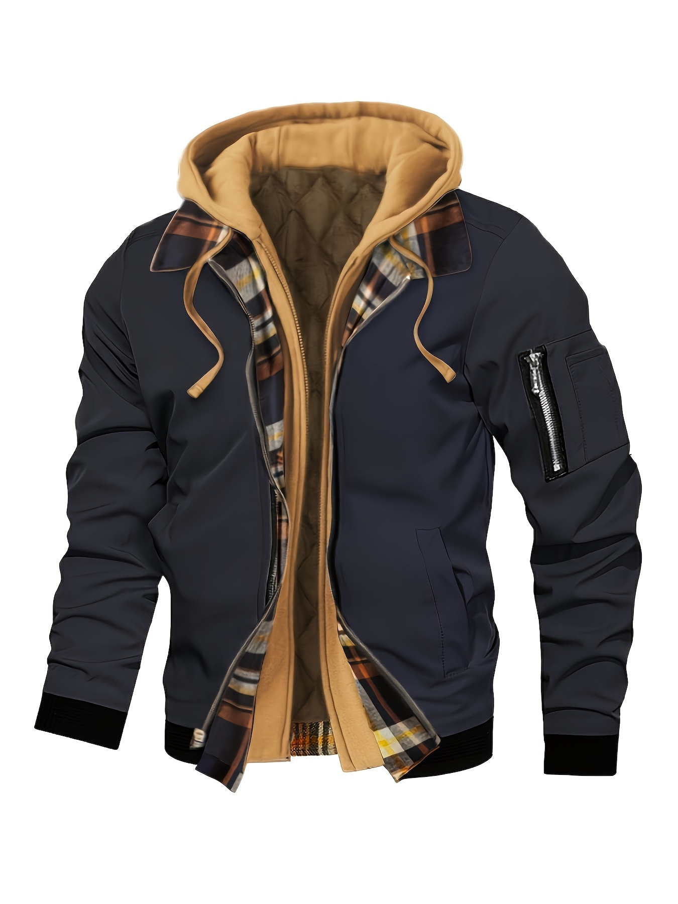 Men's Color Block Jacket With Pockets, Active Zip Up Long Sleeve Slim-fit Hooded Jacket For Spring Fall Outdoor