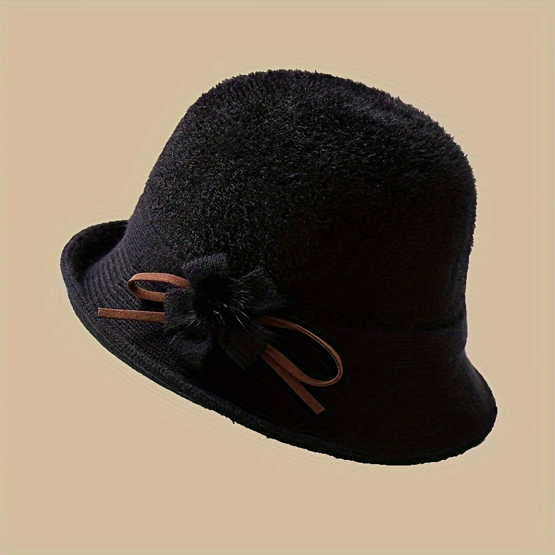 

Autumn Winter New Knitted Basin Hat Middle-aged And Elderly Elegant Bowknot Mom Hat Curly Bucket Hat