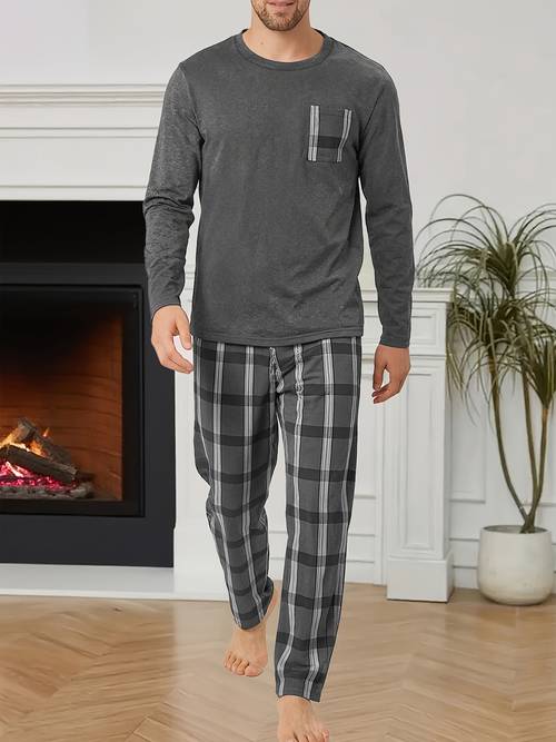 mens autumn winter print long sleeve long pants loungewear set note pocket pattern random