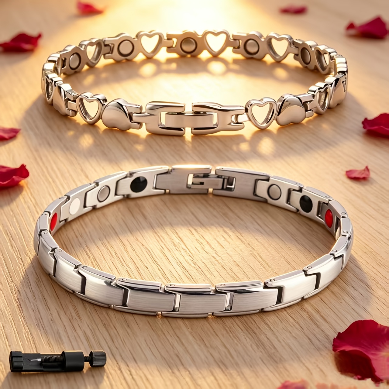 TEMU 2pcs Set Bright Silvery Copper Magnetic Bracelets With Unique Hollow Heart And Surface Dual Designs, Size Adjustable With Included Adjustment