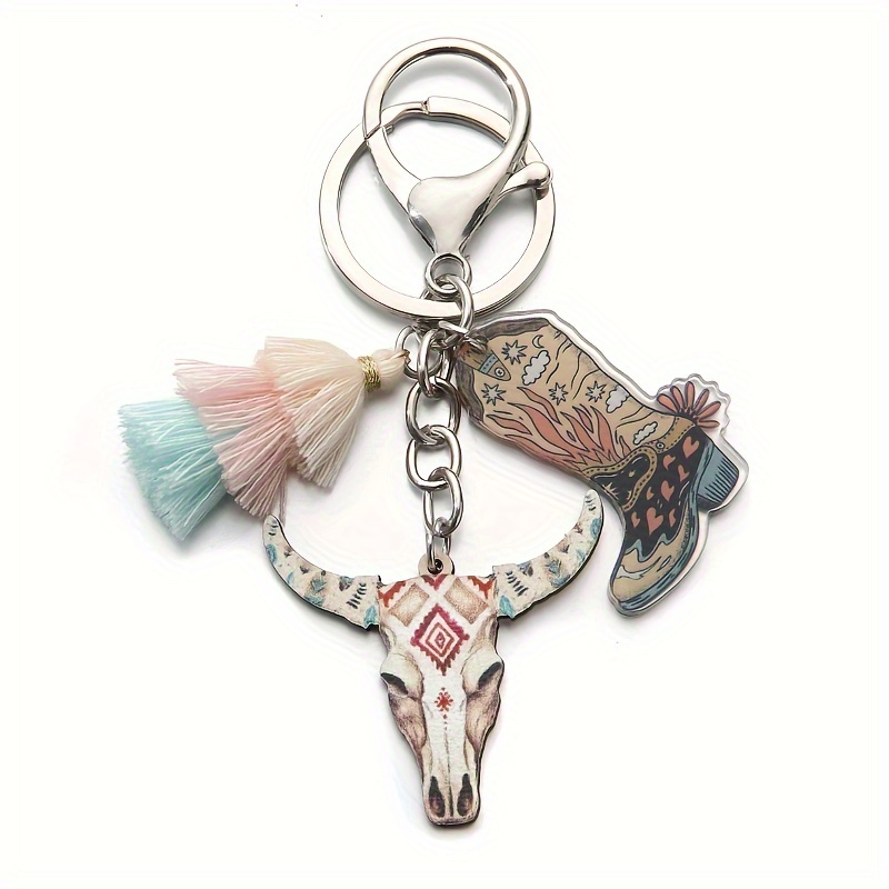 2d Flat, 1pc Head Cowboy Boots Cactus Acrylic Tassel Keychain, 2d Flat