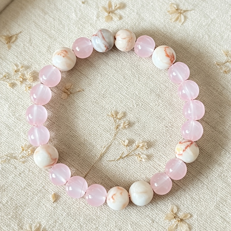 Gentle Light Pink Polished Round Bead Elastic Bracelet