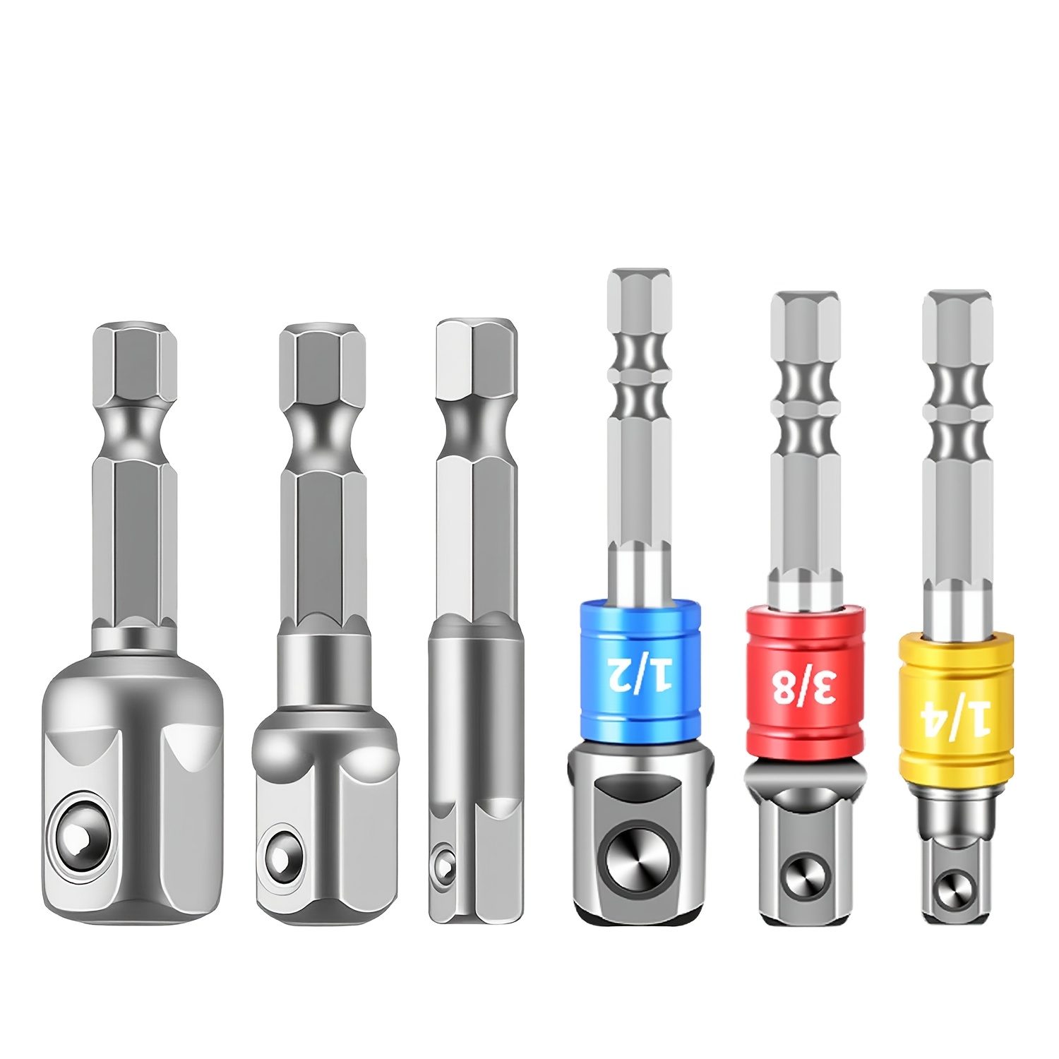 TEMU Jeu de 6 adaptateurs de douille multi-tailles, jeu d'adaptateurs de douille à queue hexagonale, tailles d'entraînement 1/4", 3/8", 1/2", kit de