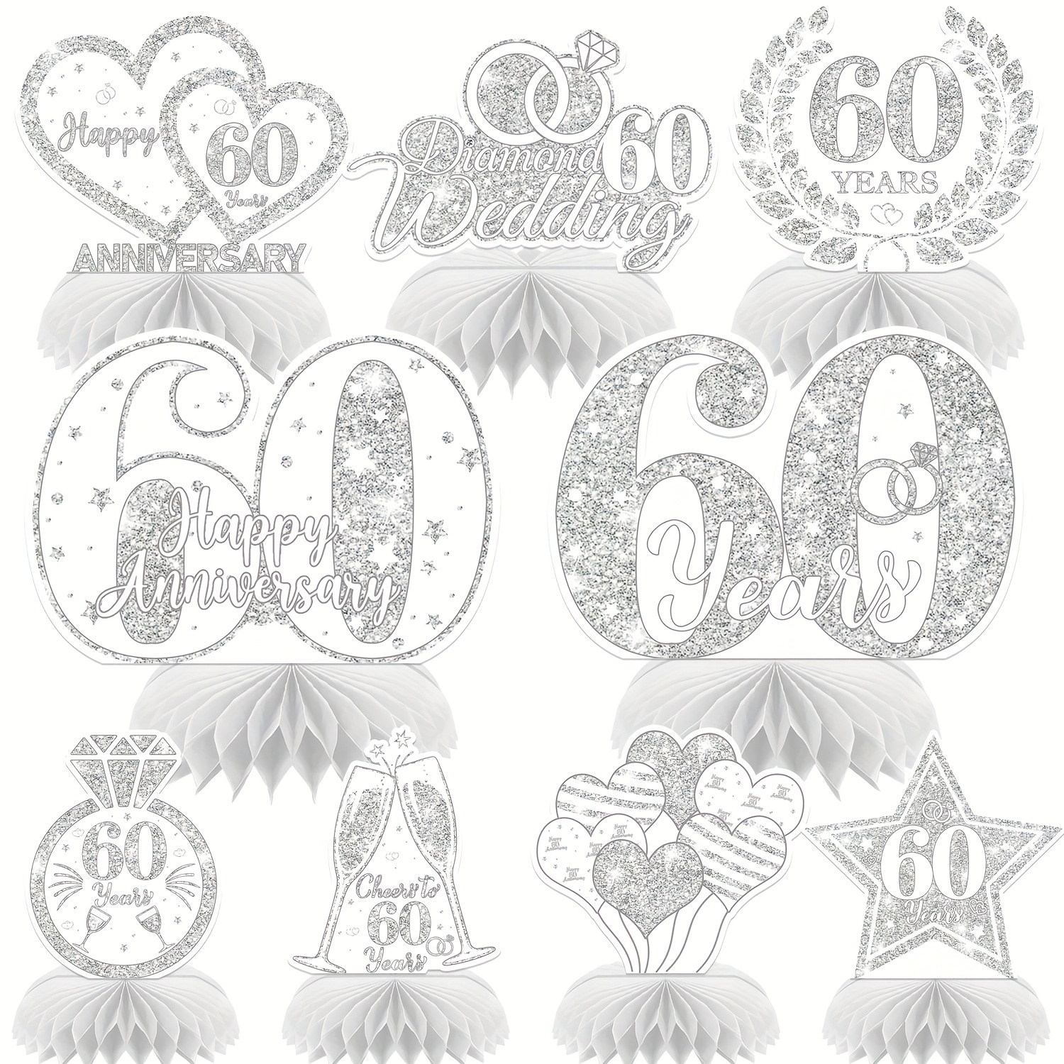 Image of 9pcs 60th Wedding Anniversary Decorations, 60th Anniversary Honeycomb Centerpiece Party Decorations, Diamond Anniversary 60th Wedding Anniversary Party Supplies