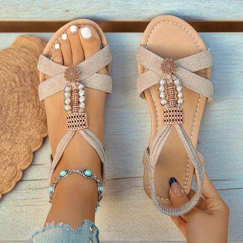 damen keilabsatz-sandalen im böhmischen -stil mit t-riemen, perlenbesatz, obermaterial flanellfutter, bequemer sohle, sommer-freizeitschuhe im stammes-stil, offene keilschuhe mit mittelhohem absatz, elegante damenschuhe