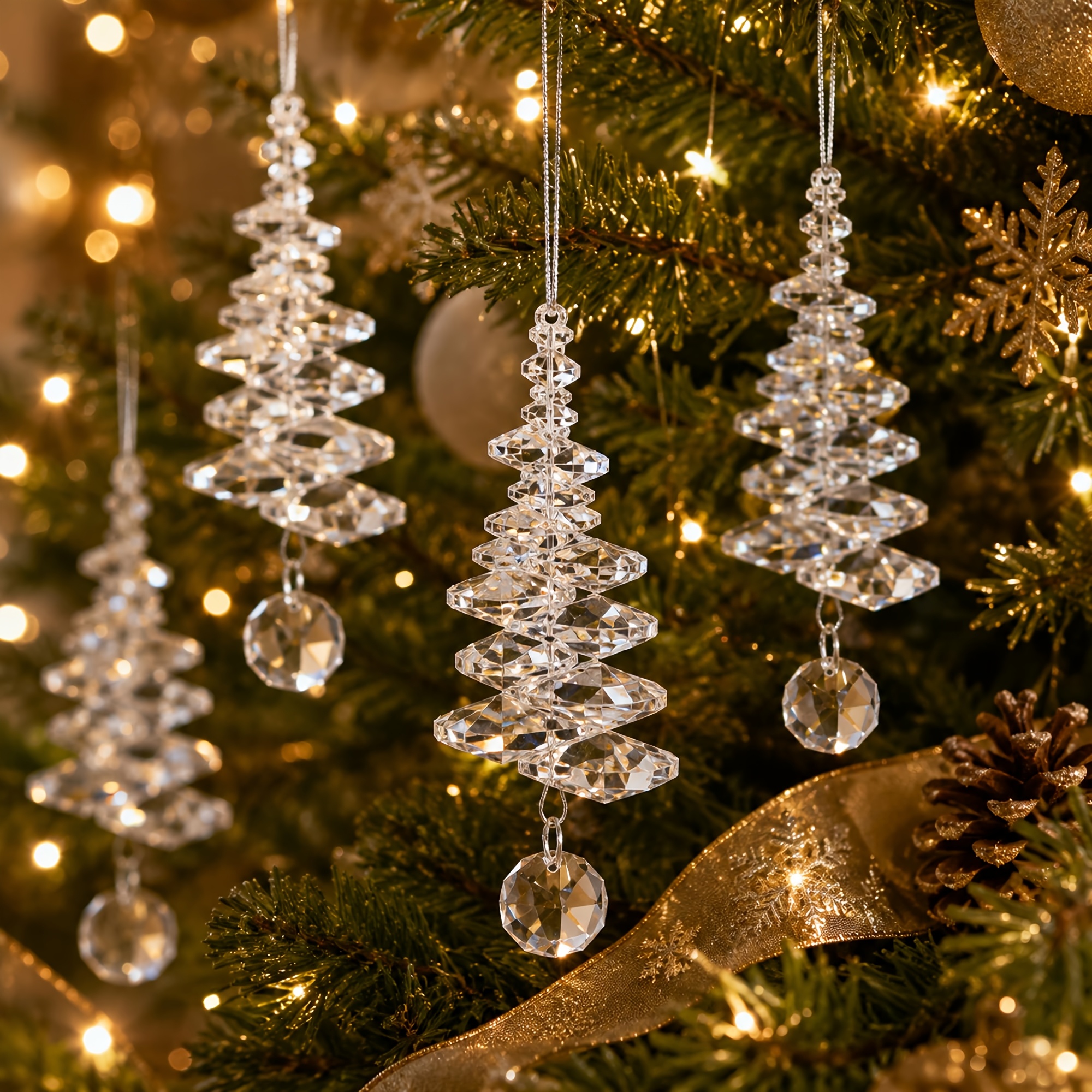TEMU 4pcs Christmas Tree Decoration Crystal Hanging Ornaments Christmas Tree Shaped And Beaded Designs, Crystal Decor, For Holiday Windows, Home Xmas