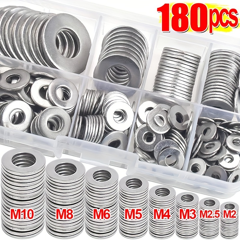 

180pcs Stainless Steel Washers - O Ring Fasteners Gasket Set, Polished , M2-m10 Sizes, , Material, For Diy Projects / Machinery / Electronics, Ideal For Professionals & Hobbyists