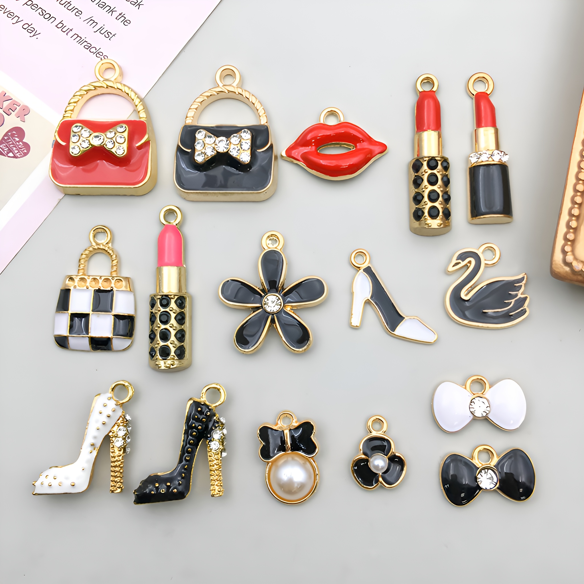 TEMU Set Of 16 Alloy Enamel Pendants For Women's Jewelry Crafting, Featuring Various Designs Suitable For Making Earrings, Bracelets, And Necklaces