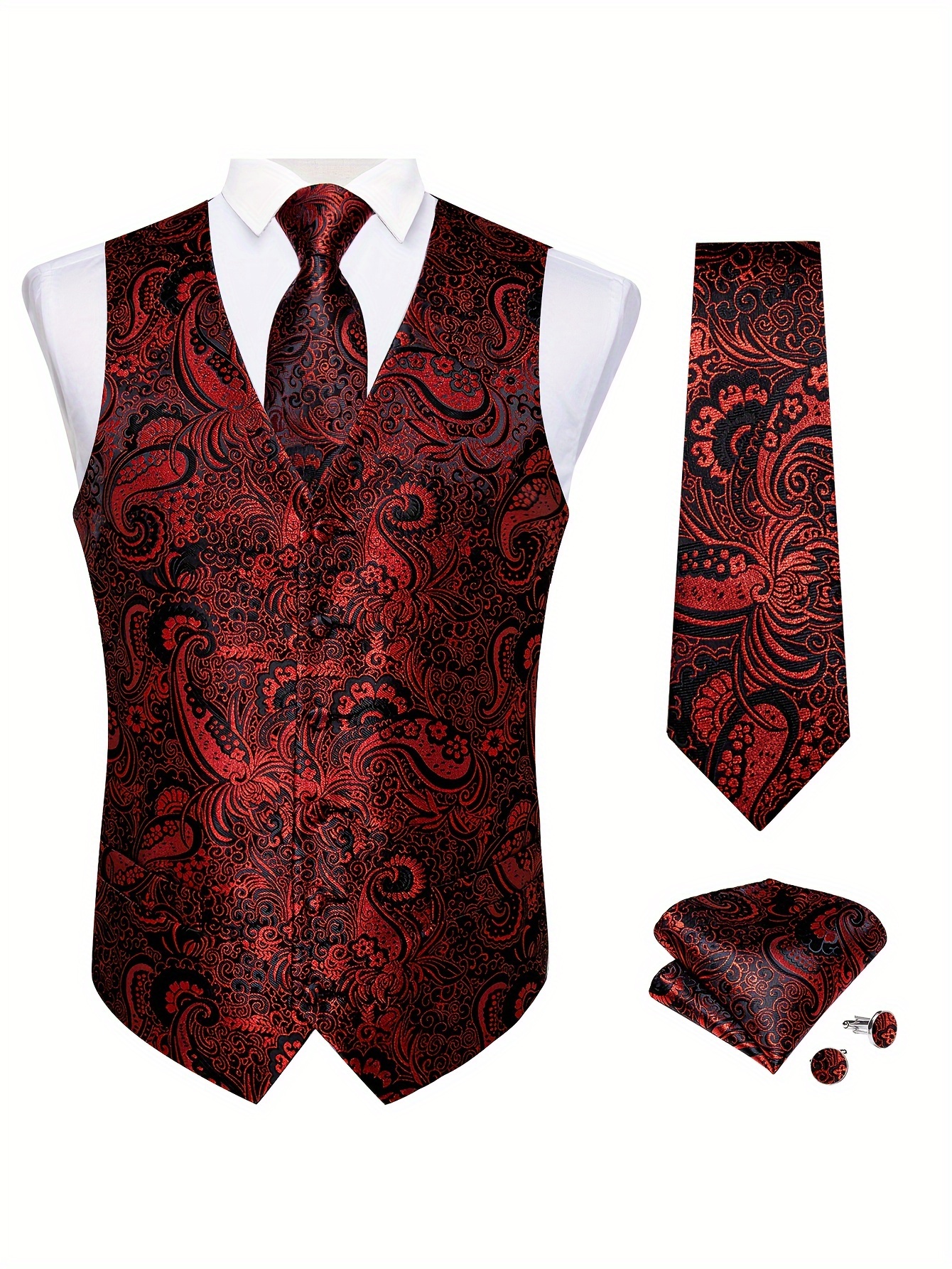 Black Paisley Fashion Vest For Man Wedding Business Luxury Men's Waistcoat Necktie Pocket Square Cufflinks Set