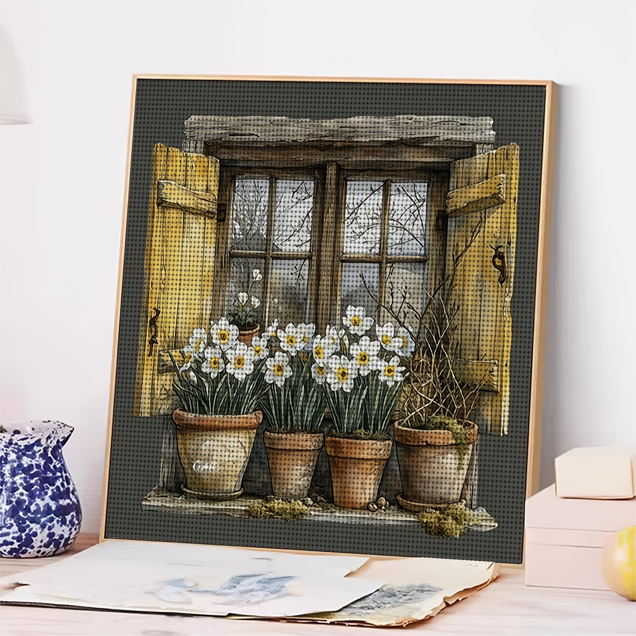 Cross Stitch Printed Kit, Frameless, Open Window, Ceramic Pot and Daffodil Pattern
