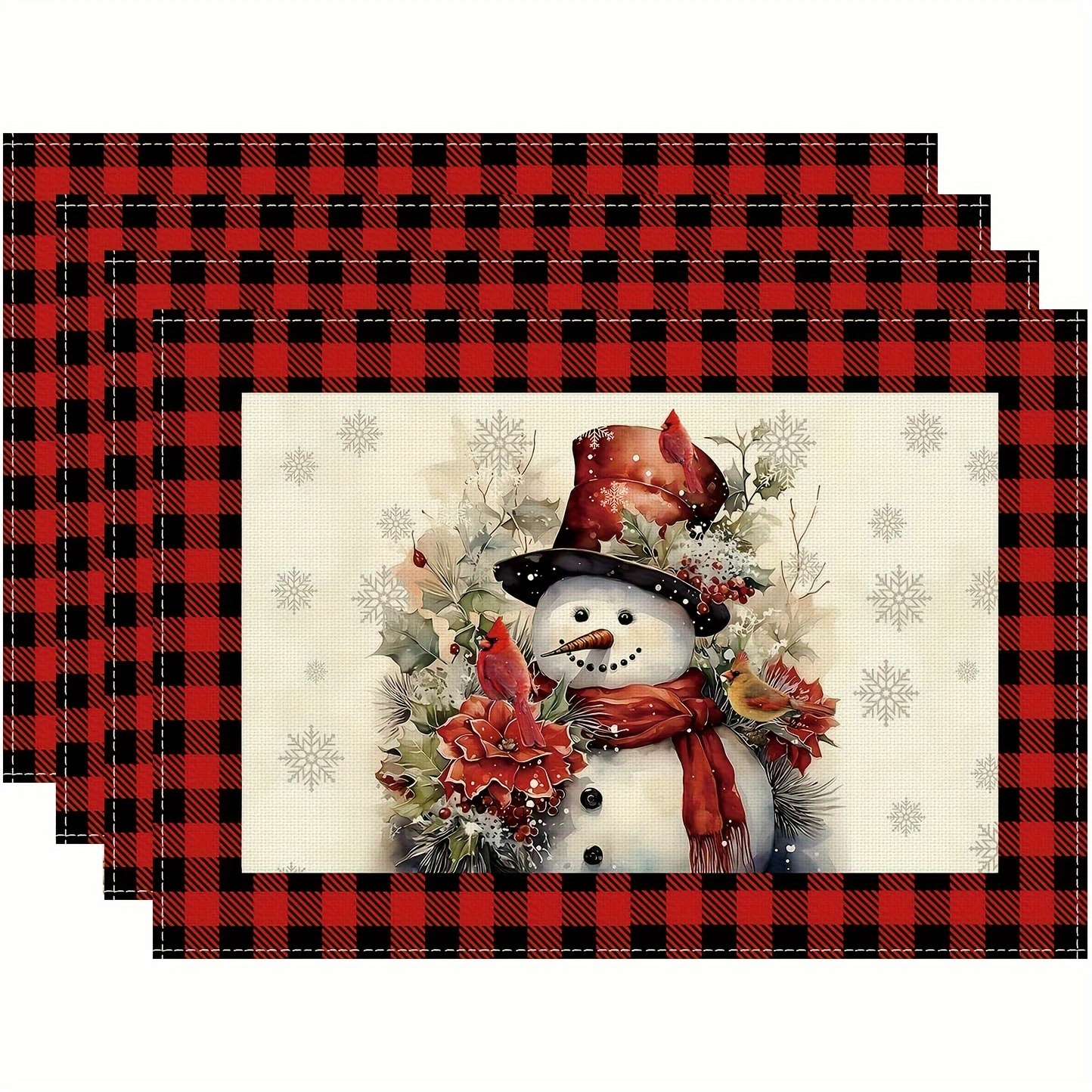 

4-pack Snowman Red Snowflakes Flower Watercolor Christmas Placemats, 12x18 Inch Linen Table Mats, Hand Wash Only, Rectangular, Woven Cover, Kitchen & Dining Decor