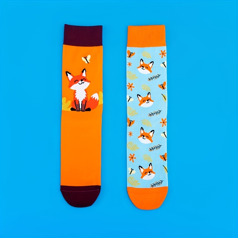 Image of Pair Of 1 Autumn Forest Fox Asymmetrical Mid-calf Socks, Orange And Blue Contrast Cartoon Trendy Socks, Suitable For Daily Wear, Fashionable Cute Unisex Couple Socks