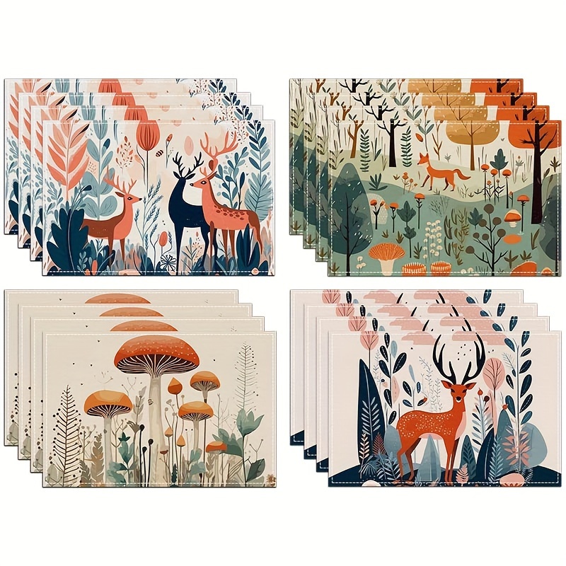 

4pcs Set Watercolor Deer & Floral Placemats - Washable Polyester, Rectangular Table Mats For Dining & Coffee Tables - Kitchen Parties & Holidays, Farmhouse Style, 12x18 Inches, Tree, Dresser Scarf,