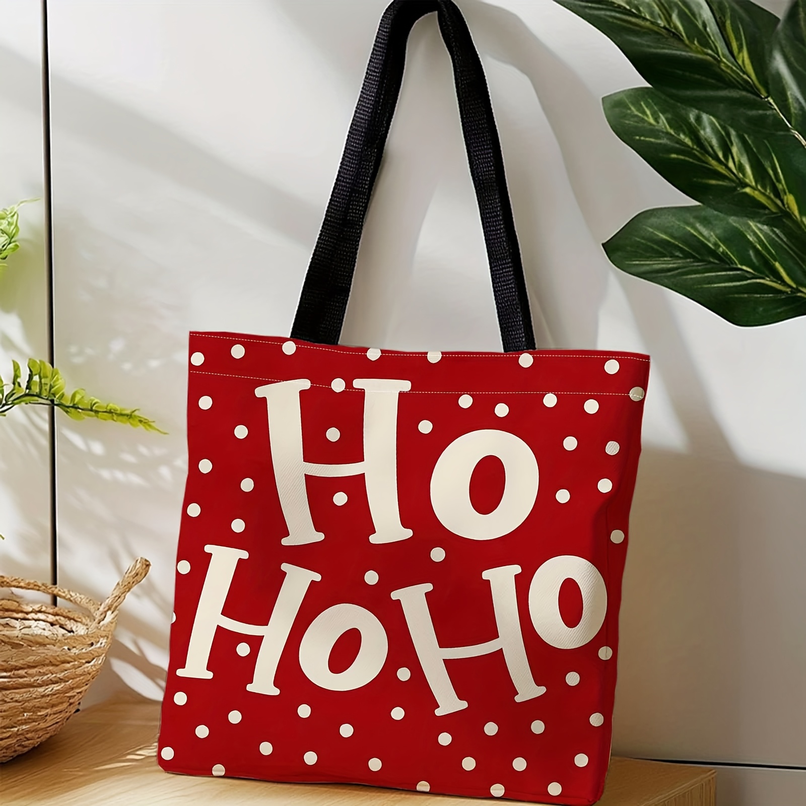 TEMU Printed Canvas Bag - Red Background, White Dots, Ho Text-durable Large Capacity Backpack, Suitable For Work, Party Companion, Beach Shopping,