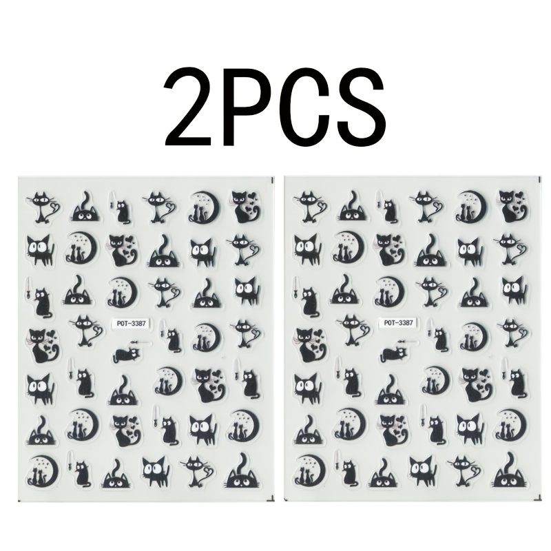 2 Cute Black Cat Nail Art Stickers With A Cartoon Design, Self-adhesive Decals, Embossed Rectangular Glitter End, For Single Use, Featuring A Kitten Theme For , With A Plastic Surface