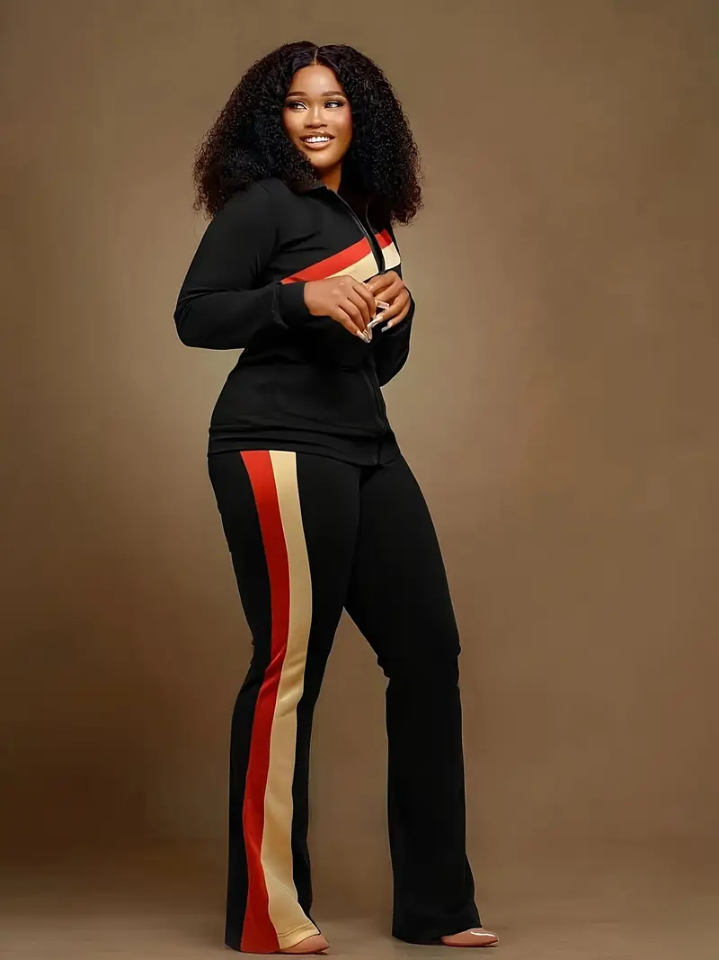 striped pocket pantsuit zipper front long sleeve top waist slim pants outfit for womens clothing details 0