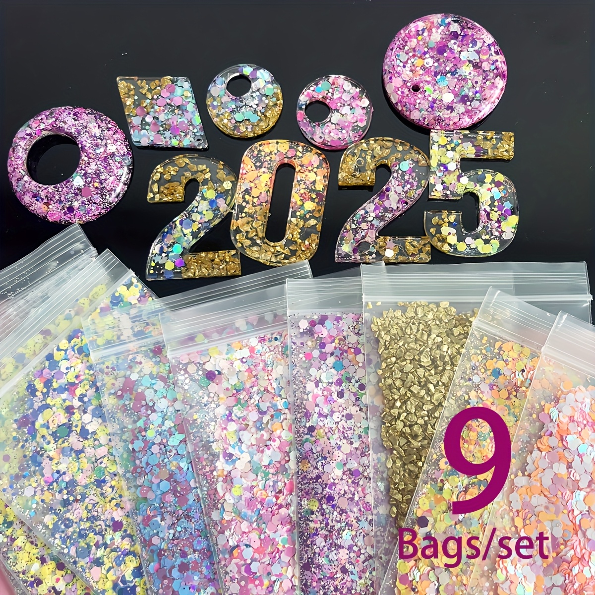 

Ensemble de 9 Sacs de Paillettes Épaisses Mélangées, 10g - Verre Écrasé pour la Fabrication de Résine & Bijoux, Idéal pour les Gobelets et les Décorations de Kits de Slime, Total 90g