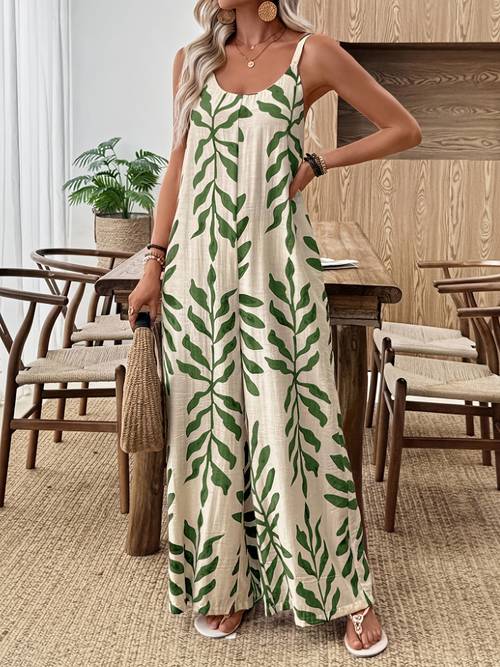 item picture a sleeveless floral printed jumpsuit for women and summer featuring an elegant bohemian adjustable shoulder straps at the back suitable for beach weddings summer parties ranging from casual to formal