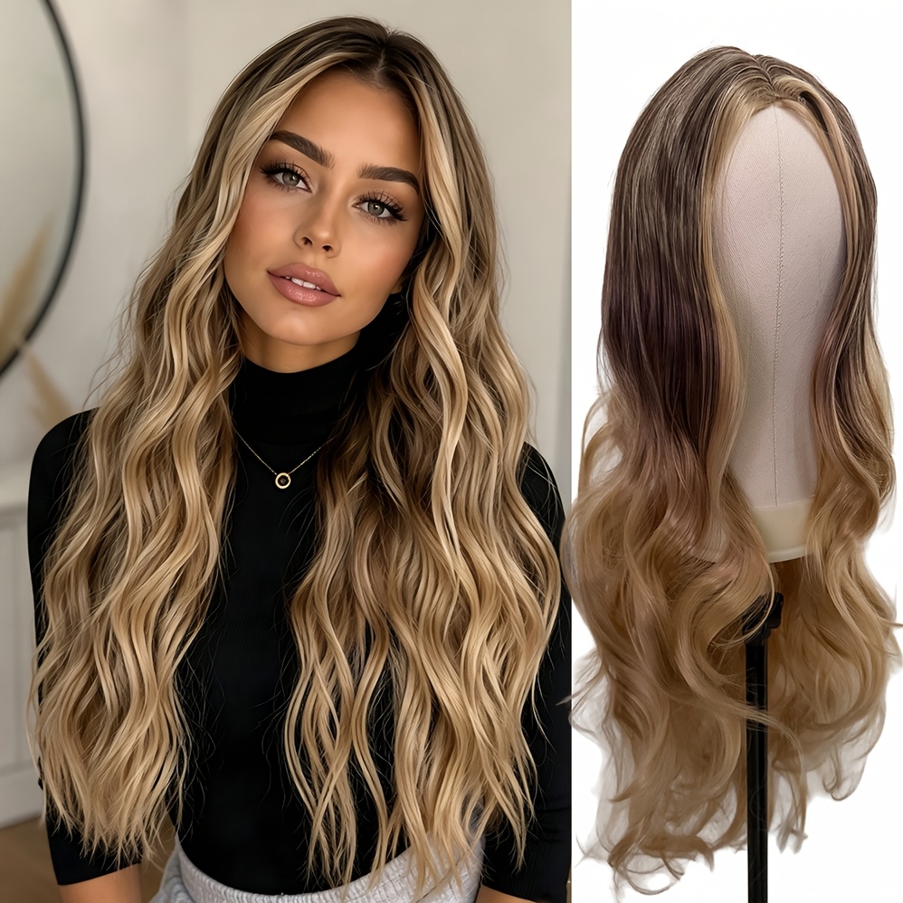 TEMU lunga sfumata balayage, e marroni dorati, resistente al calore, in capelli sintetici ricci, adatta per l'uso , feste e cosplay - costume di