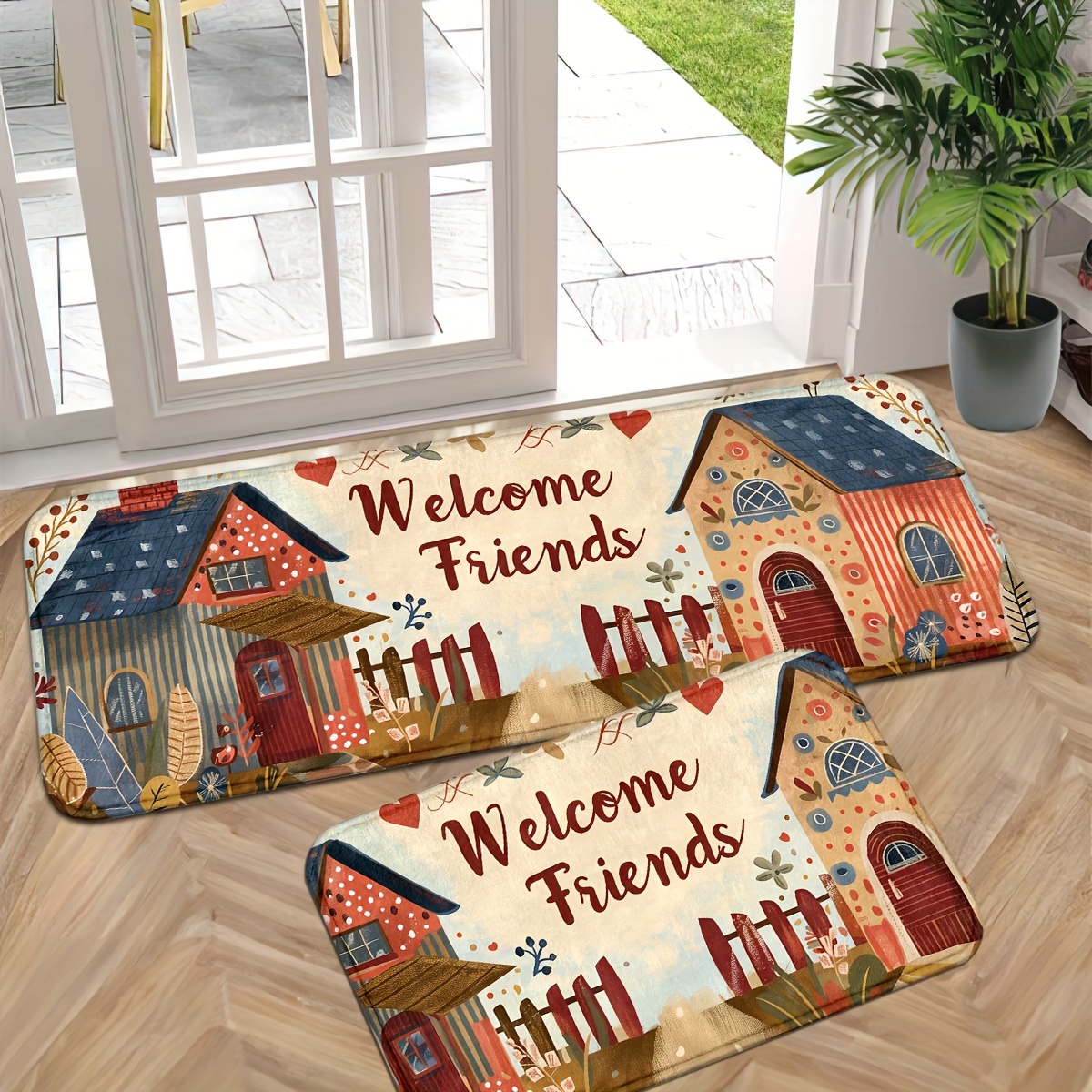 

Welcome Friends Farmhouse Door Mat - Non-slip, Washable Polyester Indoor Entrance Rug For Entryway, Kitchen, Bathroom, Laundry Room - Thick Carpet Runner For Home Decor, Machine Made, 1pc