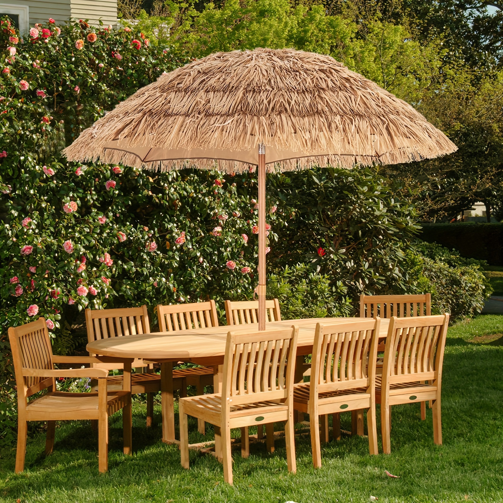 TEMU Lifezeal 2m Large Outdoor Umbrella With Thatched Thatch Canopy - Heavy-duty , Portable Semi-circular Sun Shade With Sturdy Base, Foldable Design